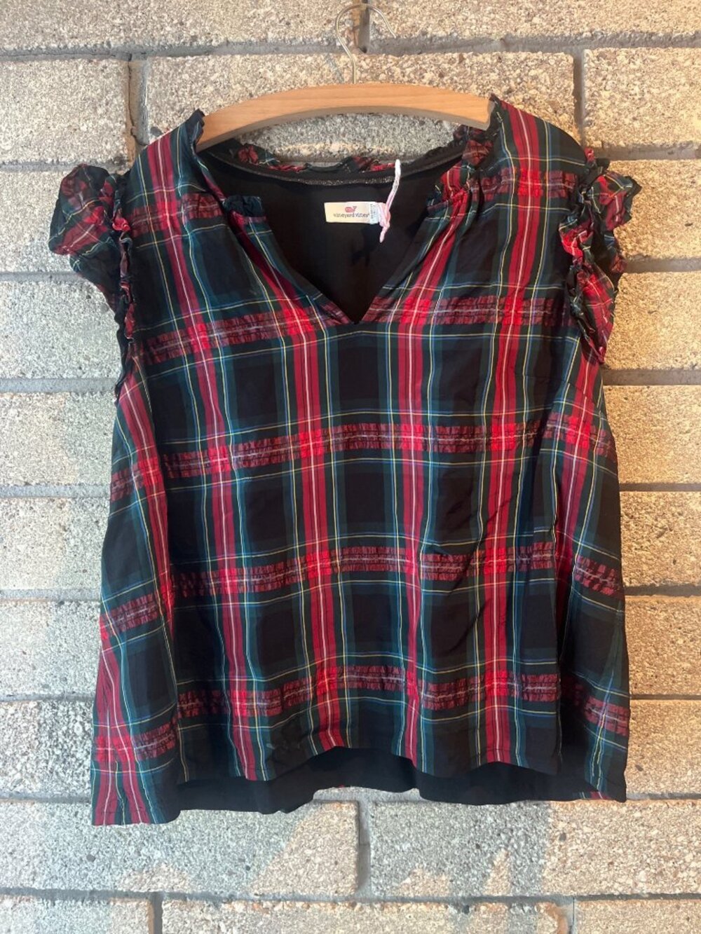 Vineyard Vines Womens Plaid Ruffle Sleeve Blouse XL Black/Red